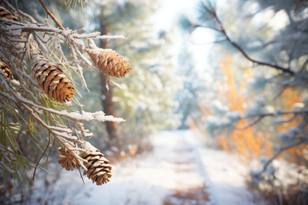 frosted pine branches above a trail pathの素材