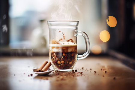 hot cocoa in transparent mug, close-up steamの素材