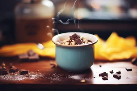 close-up of steaming cocoa with chocolate chipの素材