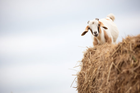 a goat climbing on a hay baleの素材
