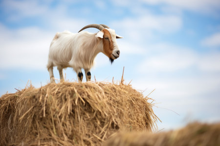 a goat climbing on a hay baleの素材