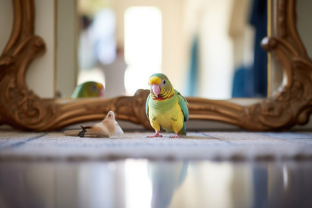parakeet gazing curiously at mirror on floorの素材