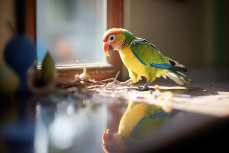 backlit parakeet creating an illuminated reflection in the mirrorの素材