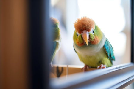 a curious parakeet peeking behind a mirror to find the other birdの素材
