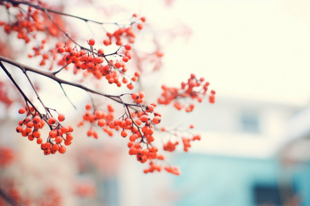 red berries on frosty branches in daylightの素材