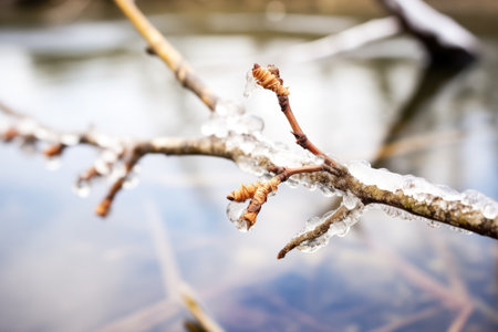 ice-encased twigs protruding from riverの素材