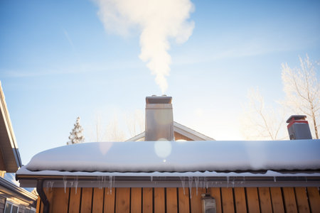 sun glare on snow-packed roof with dark smoke from chimneyの素材