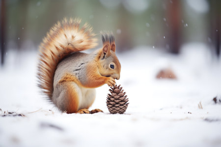 squirrel nibbling a pine cone in snowの素材