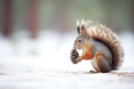 squirrel nibbling a pine cone in snowの素材