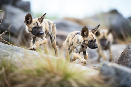 wild dogs navigating rocky terrain in pursuitの素材