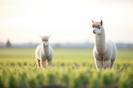 alpacas standing close with tranquil farmland horizonの素材