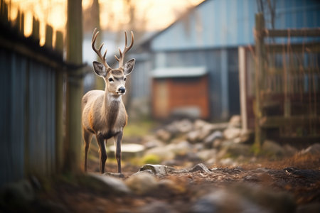deer wandering into farmyard for shelterの素材