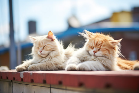 pair of cats sunbathing on a rooftopの素材