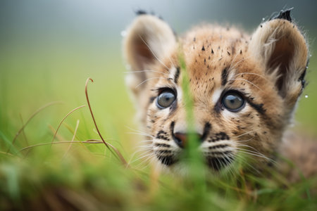 close-up of a cougarè¢Âs face in grassの素材