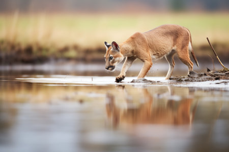 puma pacing edge of a pond, huntingの素材