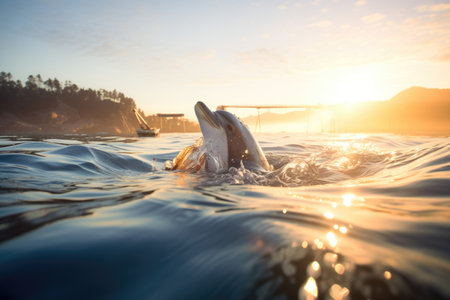 sunrise glint on dolphins skin, ocean leapの素材