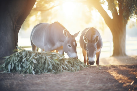 golden light on donkeys under a eucalyptusの素材