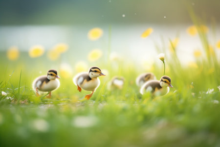 ducklings chasing insects in the meadowの素材
