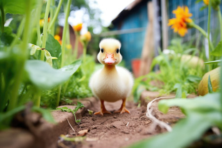 curious duckling near vegetable patchの素材