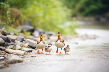 group of ducks crossing a gravel pathwayの素材