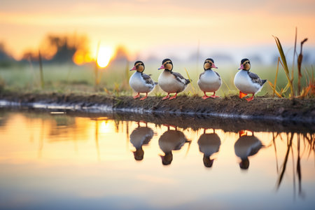 ducks in a row by a ponds edge at sunriseの素材