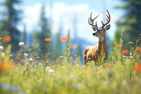 elk partially hidden by tall meadow wildflowersの素材