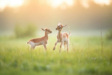 goat kids playing on dewy meadowの素材