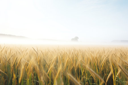 fog hovering over a field of wheatの素材