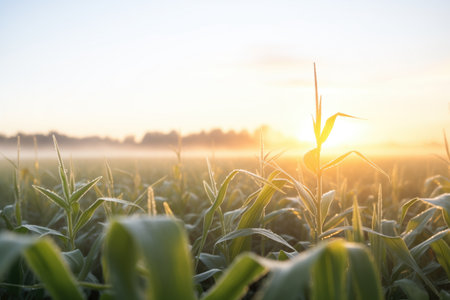 dew-soaked cornfield with sunriseの素材