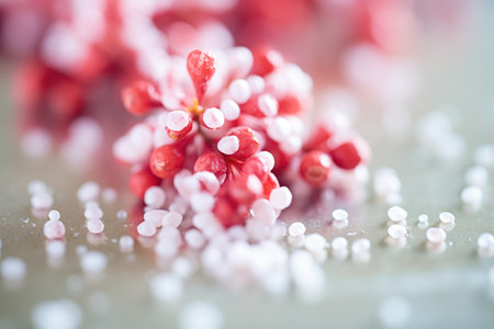 macro shot of snowflakes on a cluster of cranberriesの素材