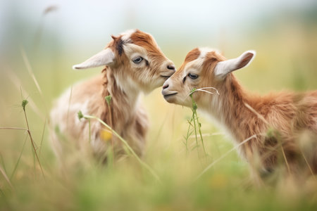 two baby goats gently butting heads in a meadowの素材