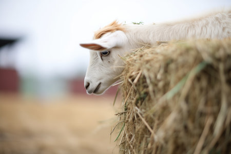 alpine goat navigating a tall hay stackの素材