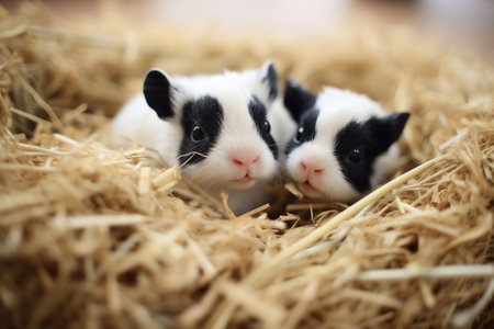 black and white hamsters in a nest of hayの素材