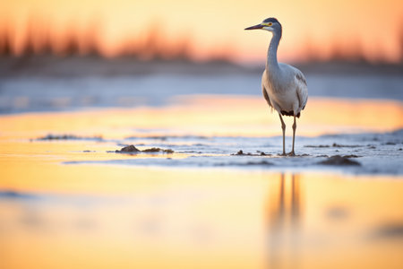 heron silhouetted against the sunrise in shallow waterの素材
