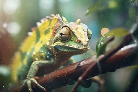 rainforest chameleon and dewlap detail in a jungleの素材