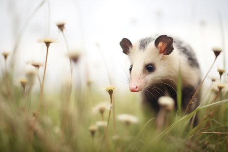 young opossum exploring a meadowの素材