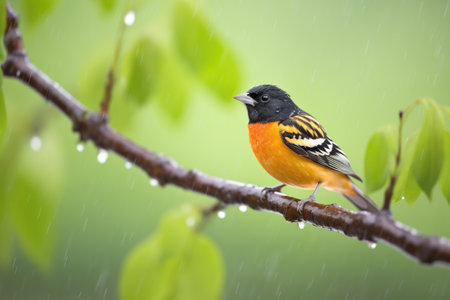 a dew-covered oriole shaking off droplets in the morning groveの素材