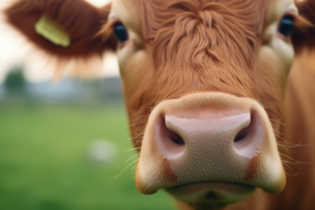close-up of an oxs face, yoke visible, against a green pastureの素材