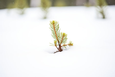 pine sapling struggling through a thick snow coverの素材