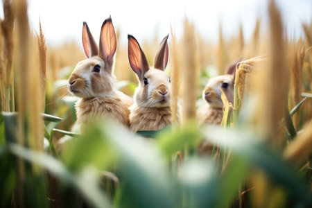 rabbits in a field with scattered cornの素材