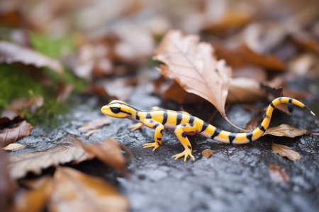 salamander stalking prey around fallen leavesの素材
