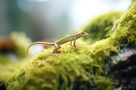 skink climbing over a moss-covered rockの素材
