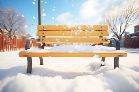 snowdrifts around a park benchの素材