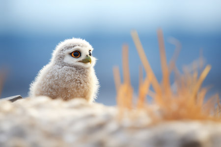 snowy owl gazing intently from snow pileの素材
