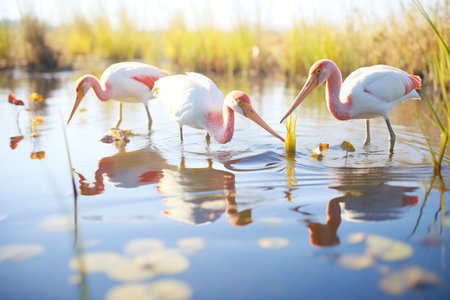 group of spoonbills foraging in freshwater marshの素材