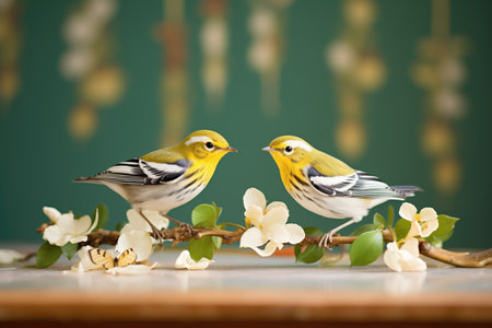 two warblers in courtship among jasmine flowersの素材