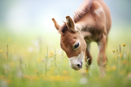 colt sniffing wildflowers in fieldの素材