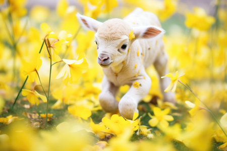 lamb frolicking among daffodilsの素材