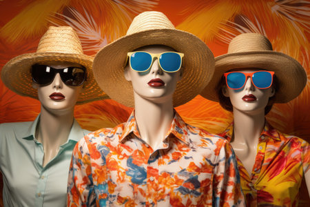 mannequins showcasing summer beachwear with sunglasses and hatsの素材