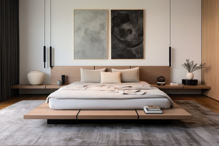 a contemporary bedroom featuring a low-profile bed, floating nightstands, and a geometric rugの素材